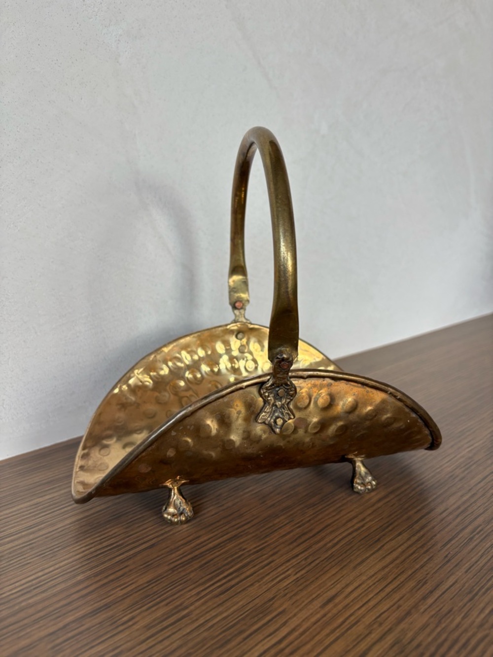 Vintage Hammered Brass Mini Fireplace Log Basket with Claw Feet